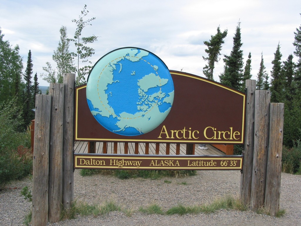 The sign that marks the Arctic Circle in Alaska.